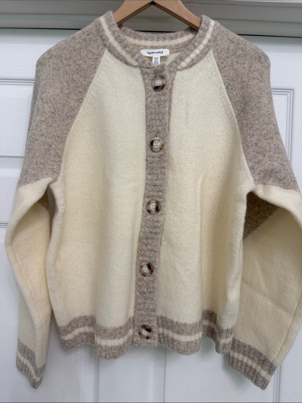 Splendid Cream and Taupe Button-Front Raglan Cardigan